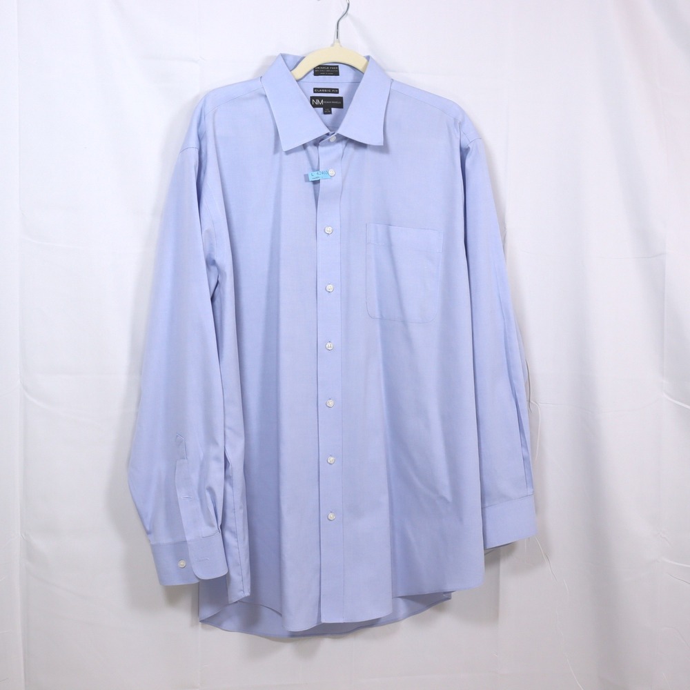 Neiman Marcus Dress Shirt 17.5 34/35 Blue Mens Classic Fit Wrinkle‎ Free Office